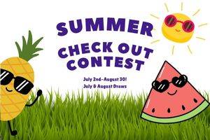 illustrations of a pineapple and a slice of watermelon wearing sunglasses on a grassy lawn under the sun