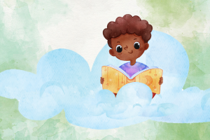 illustration of a child reading a book in a cloud