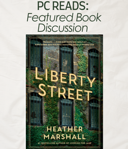 The cover of Liberty Street showing a close-up of a building with windows and ivy growing up the wallg 