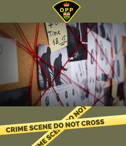 photograph of a crime wall with red yarn