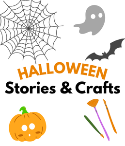 illustrations of a ghost, bat, pumpkin, spiderweb and brushes for crafts