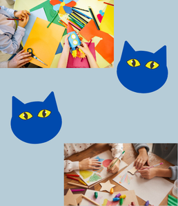 2 photos of children working on crafts; 2 illustrations of a cat's head