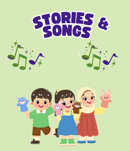 illustration of children with puppets and music notes in the air