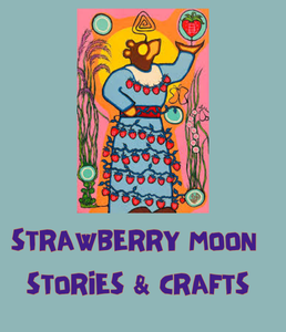 illustration of a bear dressed in a jingle dress made with strawberries and holding a moon with a strawberry inside