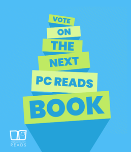The words 'Vote on the next PC Reads Book" in green blocks on a blue background