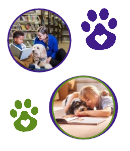 2 photos of children with dogs and books