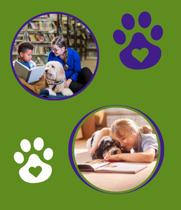 2 photos of children with dogs and books