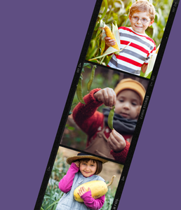 filmstrip frame with pictures of children holding corn, squash or beans