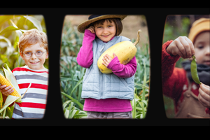 Filmstrip frame with pictures of children holding corn, squash or beans