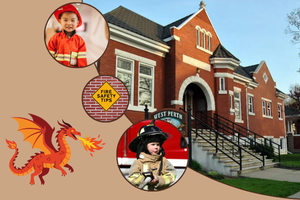 photographs of the front of West Perth Public Library, children in fire fighter gear and an illustration of a dragon
