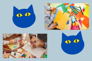 2 photos of children working on crafts; 2 illustrations of a cat's head