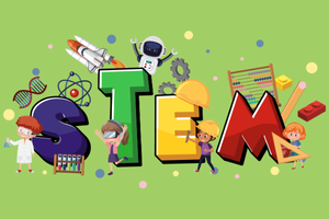 The word STEM with illustrations surrounding of space ships, robots, gears, protractor and other scientific apparatus