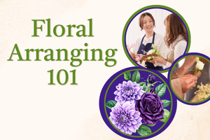 photo of dark and light purple flowers; photo of 2 female florists; photo of hands holding a rose