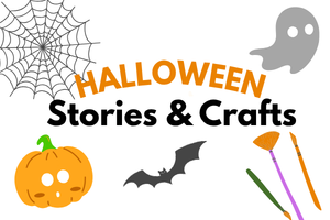 illustrations of a ghost, bat, pumpkin, spiderweb and brushes for crafts