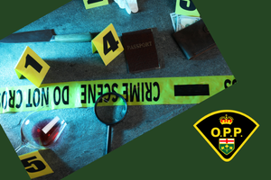 photograph of a mock crime scene with tape, magnifying glass and money
