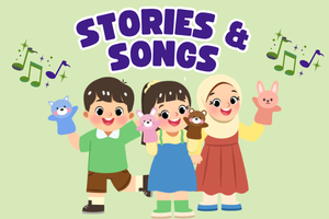 illustration of children with puppets and music notes in the air