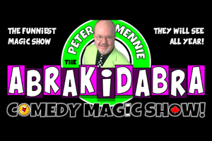 Picture of comedian Petter Mennie and the name of his show AbraKIDabra