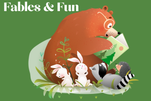 Illustration of a bear reading a book to other woodland animals