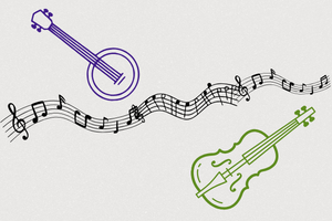 illustrations of a banjo, guitar and music staff