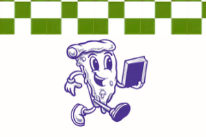 illustration of a piece of pizza with a face, arms and legs carrying a book