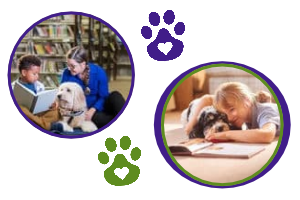 2 photos of children with dogs and books