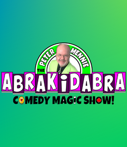 Picture of comedian Peter Mennie and the name of his show AbraKIDabra
