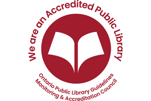 Stylized white book on red background with the text 'We are an Accredited Public Library'