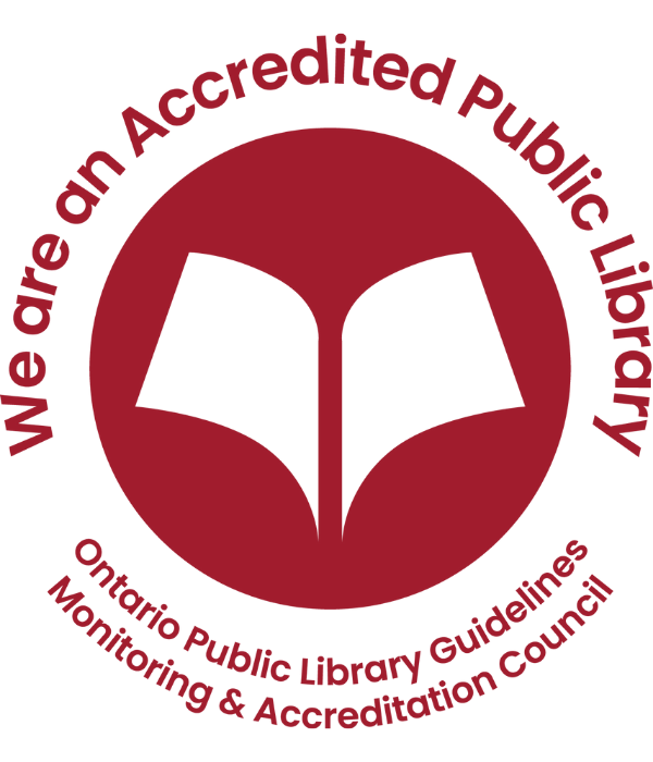 White stylized book on red background with text 'We are an Accredited Public Library' Ontario Public Library Guidelines Monitoring & Accredition Council