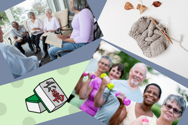 collage of pictures of adults exercising and talking, mahjong tiles and crafting project
