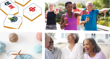 collage of picture showing exercise, book club, crafting and playing Mahjong