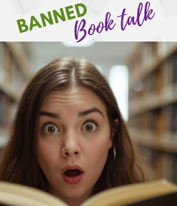 photograph of a woman holding a book and looking astonished