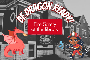 black and white photograph of the library overlaid with illustrations of a dragon and a firefighter