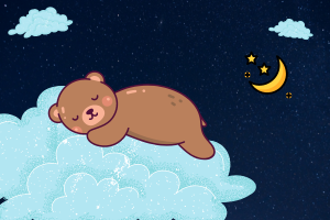 illustration of a teddy bear asleep on a cloud in a dark sky
