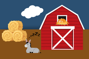 illustration of a red barn with a cat sleeping in straw, a donkey dozing outside and pile of round bales