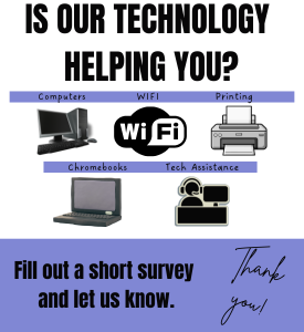illustrations of various pieces of tech equipment such as a computer, printer, laptop and wifi symbol. The words Is Our Technology helping you? Fill out a short survey and let us know. Thank you.