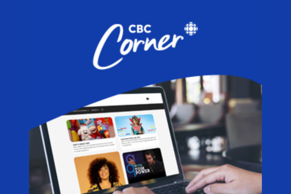 picture of a laptop showing CBC content with the words CBC Corner and the CBC logo above
