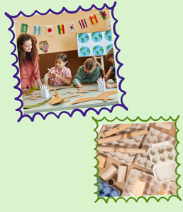 a photograph of children cutting shapes out of cardboard, other photograph of various cardboard objects ex. egg cartons, paper towel tubes; both photos surrounded squiggly green or purple border