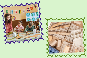 a photograph of children cutting shapes out of cardboard, other photograph of various cardboard objects ex. egg cartons, paper towel tubes; both photos surrounded squiggly green or purple border