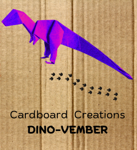 illustration of an origami dinosaur on the background of a piece of cardboard