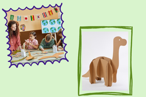 2 photographs; one has 3 children and 1 adult working with cardboard; the other a picture of a dinosaur made out of cardboard