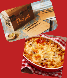 photographs of a recipe card box and a casserole in a red dish