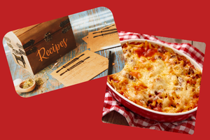 photographs of a recipe card box and a casserole in a red dish