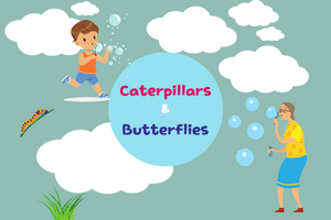 graphic of child and older person blowing bubbles; clouds, grass and caterpillar in the background