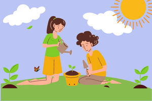 illustration of 2 people planting seeds in a pot and watering