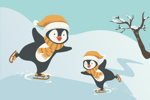 Illustration of one big and one small penguin skating