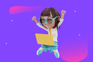illustration of a child with a laptop celebrating with arms in the air