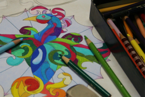 colouring sheet and pencil crayons