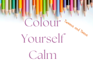 a border of multi-coloured pencil crayons along the top; the words Colour Yourself Calm