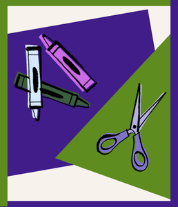 illustrations of crayons and scissors on green triangle and purple rectangle