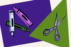 Purple rectangle with illustration of crayons and green triangle with illustration of scissors